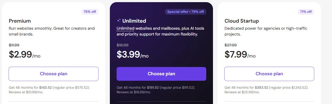 Hostinger pricing page: Premium $2.99/mo, Unlimited $3.99/mo, Cloud Startup $7.99/mo on 48-month terms, with renewal rates of $10.99, $16.99 and $25.99 shown beneath each plan